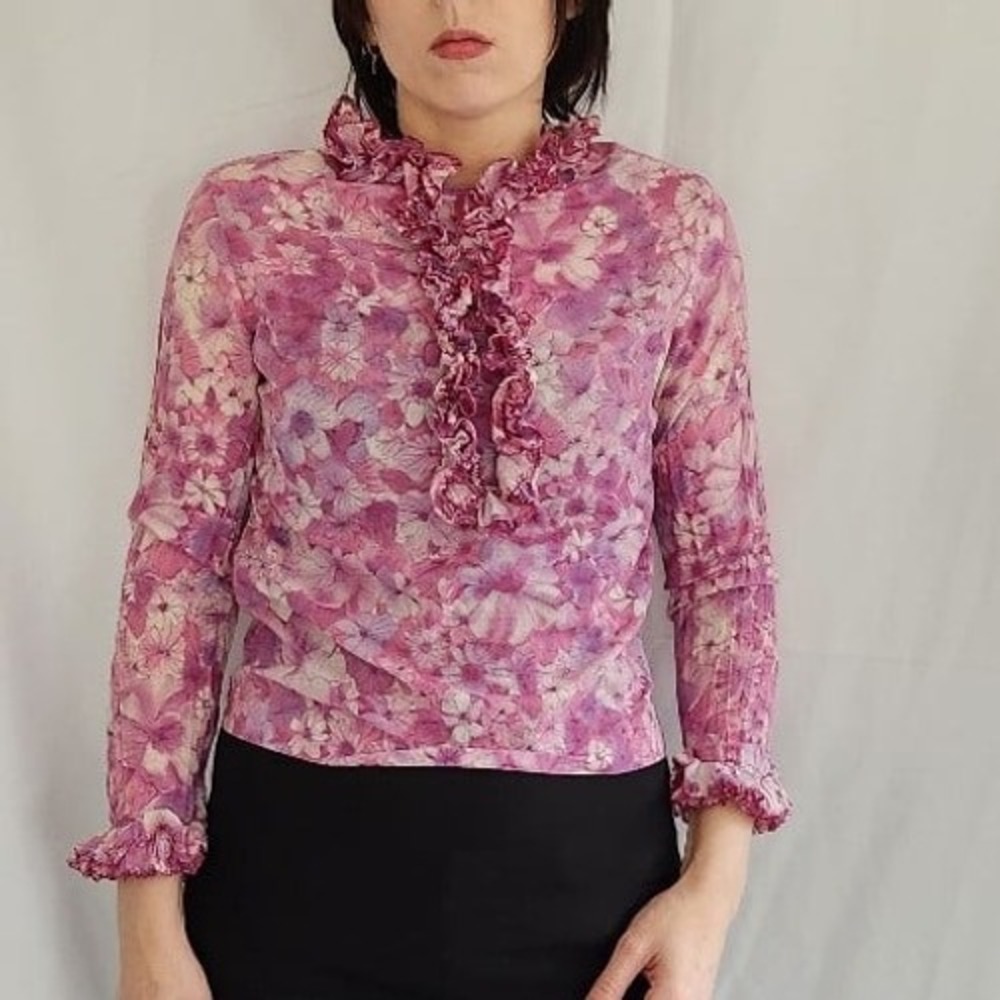 60s Purple‎ Floral Frilly Blouse